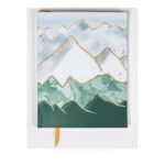 Snowcapped mountains are outlined in gold and filled in with green watercolors.